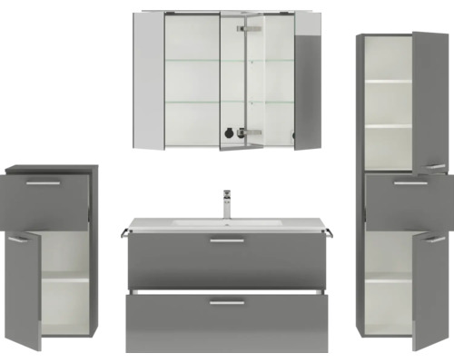 Badezimmermöbelset mit Waschbecken, Spiegelschrank und Hochschränken
