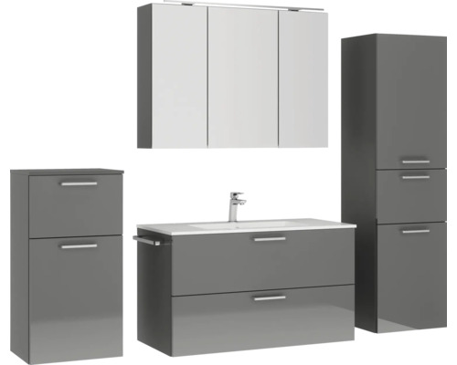 Graues Badezimmermöbelset mit Waschtisch, Waschbecken, Spiegelschrank und Hochschränken