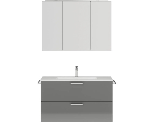 Set de meubles de salle de bains NOBILIA Programm 2 lxhxp 101 x 169,1 x 48,7 cm couleur de façade gris haute brillance avec meuble à vasque et armoire de toilette à 3 portes avec éclairage LED poignée chrome mat 261