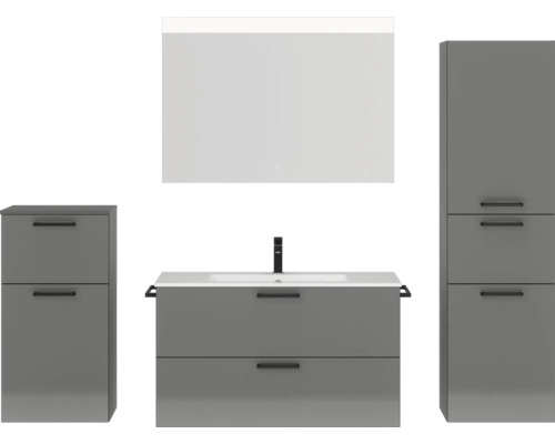 Set de meubles de salle de bains NOBILIA Programm 2 lxhxp 210 x 169,1 x 48,7 cm couleur de façade gris haute brillance avec meuble à vasque blanc et miroir avec éclairage LED armoire midi meuble bas poignée noir 268