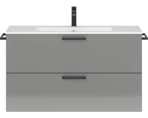 Badmöbel-Set NOBILIA Programm 2 BxHxT 101 x 59,1 x 48,7 cm Frontfarbe grau hochglanz mit Möbel-Waschtisch Griff schwarz 244