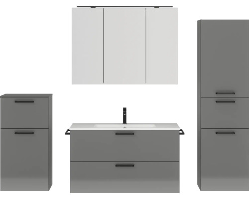 Set de meubles de salle de bains NOBILIA Programm 2 lxhxp 210 x 169,1 x 48,7 cm couleur de façade gris haute brillance avec meuble à vasque et armoire de toilette à 3 portes avec éclairage LED meuble bas armoire midi poignée noir 276