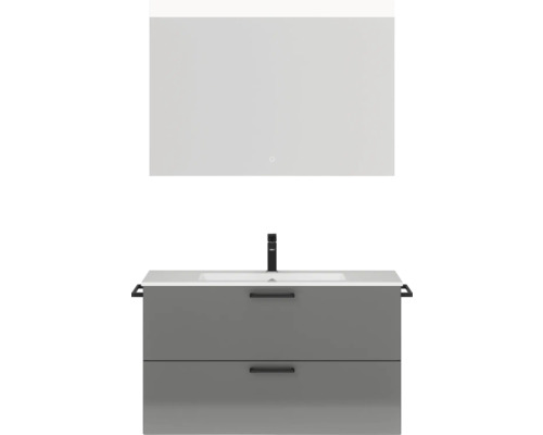 Badmöbel-Set NOBILIA Programm 2 BxHxT 101 x 169,1 x 48,7 cm Frontfarbe grau hochglanz mit Möbel-Waschtisch weiß und Spiegel mit LED-Beleuchtung Griff schwarz 252 Waschtischkombination mit Spiegel und zwei Schubladen