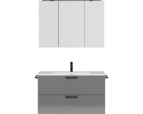 Badmöbel-Set NOBILIA Programm 2 BxHxT 101 x 169,1 x 48,7 cm Frontfarbe grau hochglanz mit Möbel-Waschtisch und Spiegelschrank 3-türig mit LED-Beleuchtung Griff schwarz 260