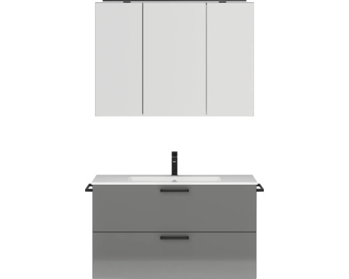 Set de meubles de salle de bains NOBILIA Programm 2 lxhxp 101 x 169,1 x 48,7 cm couleur de façade gris haute brillance avec meuble à vasque et armoire de toilette à 3 porte avec éclairage LED poignée noir 260