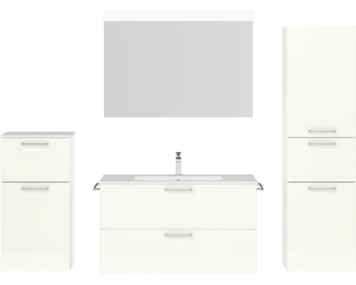 Badmöbel-Set NOBILIA Programm 2 BxHxT 210 x 169,1 x 48,7 cm Frontfarbe weiß hochglanz mit Möbel-Waschtisch weiß und Spiegel mit LED-Beleuchtung Midischrank Unterschrank Griff chrom matt 267