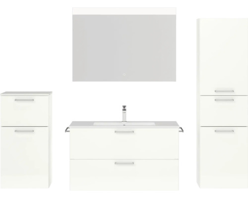 Set de meubles de salle de bains NOBILIA Programm 2 lxhxp 210 x 169,1 x 48,7 cm couleur de façade blanc haut brillance avec meuble à vasque blanc et miroir avec éclairage LED armoire midi meuble bas poignée chrome mat 267