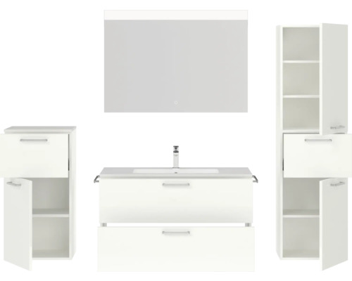 Badezimmerensemble mit Waschtischunterschrank, Spiegelschrank und Hochschränken in hellem Design