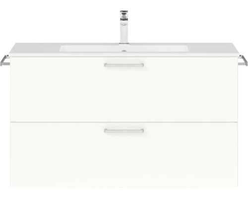Set de meubles de salle de bains NOBILIA Programm 2 lxhxp 101 x 59,1 x 48,7 cm couleur de façade blanc haute brillance avec meuble à vasque poignée chrome mat 243