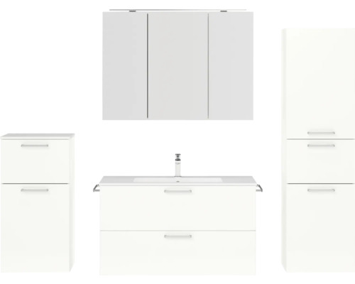 Set de meubles de salle de bains NOBILIA Programm 2 lxhxp 210 x 169,1 x 48,7 cm couleur de façade blanc haute brillance avec meuble à vasque et armoire de toilette à 3 portes avec éclairage LED meuble bas armoire midi poignée chrome mat 275