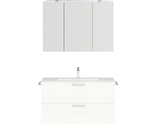 Set de meubles de salle de bains NOBILIA Programm 2 lxhxp 101 x 169,1 x 48,7 cm couleur de façade blanc haute brillance avec meuble à vasque et armoire de toilette à 3 portes avec éclairage LED poignée chrome mat 259