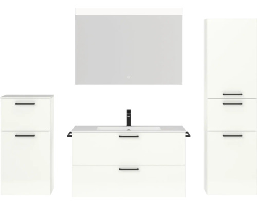 Set de meubles de salle de bains NOBILIA Programm 2 lxhxp 210 x 169,1 x 48,7 cm couleur de façade blanc haute brillance avec meuble à vasque blanc et miroir avec éclairage LED armoire midi meuble bas poignée noir 266