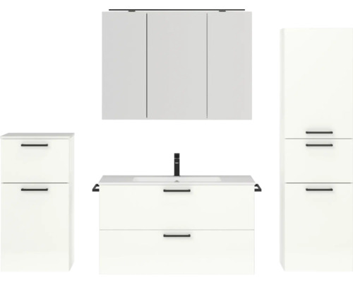 Set de meubles de salle de bains NOBILIA Programm 2 lxhxp 210 x 169,1 x 48,7 cm couleur de façade blanc haute brillance avec meuble à vasque et armoire de toilette à 3 portes avec éclairage LED meuble bas armoire midi poignée noir 274