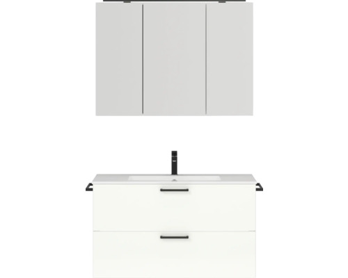 Badmöbel-Set NOBILIA Programm 2 BxHxT 101 x 169,1 x 48,7 cm Frontfarbe weiß hochglanz mit Möbel-Waschtisch und Spiegelschrank 3-türig mit LED-Beleuchtung Griff schwarz 258