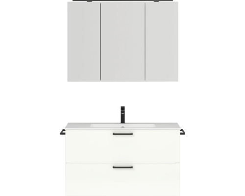 Set de meubles de salle de bains NOBILIA Programm 2 lxhxp 101 x 169,1 x 48,7 cm couleur de façade blanc haute brillance avec meuble à vasque et armoire de toilette à 3 portes avec éclairage LED poignée noir 258