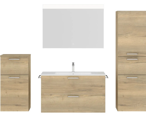 Set de meubles de salle de bains NOBILIA Programm 2 lxhxp 210 x 169,1 x 48,7 cm couleur de façade chêne naturel avec meuble à vasque blanc et miroir avec éclairage LED armoire midi meuble bas poignée chrome mat 271