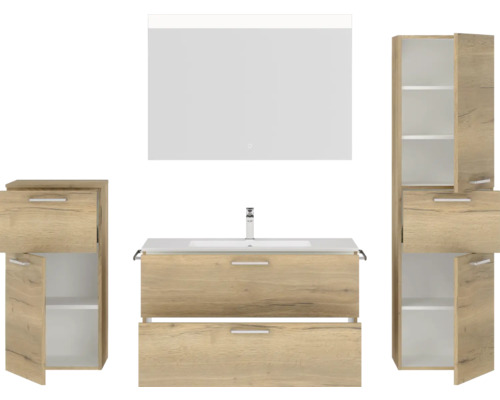 Ensemble complet de salle de bains avec meuble sous-lavabo, armoire de toilette et armoires colonnes pour la salle de bains