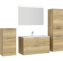 Badezimmerset mit Waschtischunterschrank, Spiegelschrank und Hochschrank im Holzdekor
