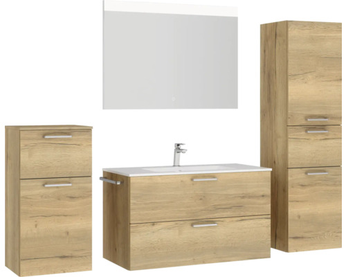 Ensemble de salle de bains avec meuble sous-lavabo, armoire de toilette et armoire haute en décor bois