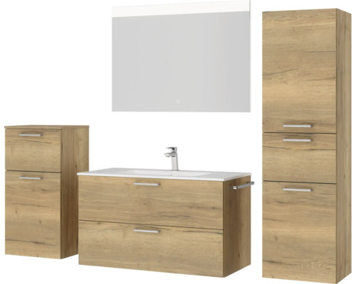 Ensemble de salle de bains avec lavabo, armoire de toilette et armoire latérale