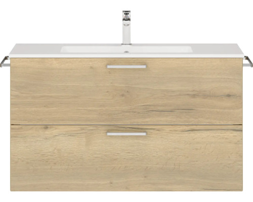 Set de meubles de salle de bains NOBILIA Programm 2 lxhxp 101 x 59,1 x 48,7 cm couleur de façade chêne naturel avec meuble à vasque blanc poignée chrome mat 247