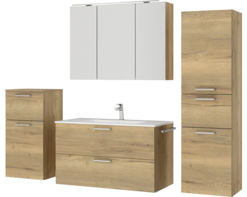 Badezimmermöbelset mit Waschtisch, Spiegelschrank und Hochschrank