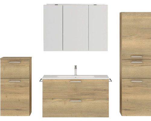 Set de meubles de salle de bains NOBILIA Programm 2 lxhxp 210 x 169,1 x 48,7 cm couleur de façade chêne naturel avec meuble à vasque et armoire de toilette à 3 portes avec éclairage LED meuble bas armoire midi poignée chrome mat 279