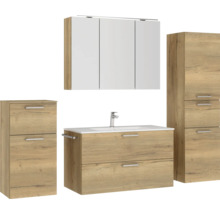 Badezimmerensemble mit Waschtischunterschrank, Waschbecken, Spiegelschrank und Hochschrank