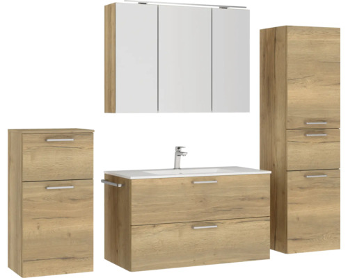 Badezimmerensemble mit Waschtischunterschrank, Waschbecken, Spiegelschrank und Hochschrank
