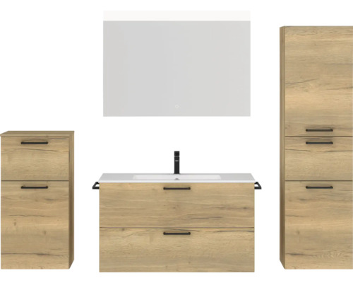 Set de meubles de salle de bains NOBILIA Programm 2 lxhxp 210 x 169,1 x 48,7 cm couleur de façade chêne naturel avec meuble à vasque blanc et miroir avec éclairage LED armoire midi meuble bas poignée noir 270