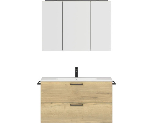 Set de meubles de salle de bains NOBILIA Programm 2 lxhxp 101 x 169,1 x 48,7 cm couleur de façade chêne naturel avec meuble à vasque et armoire de toilette à 3 portes avec éclairage LED poignée noir 262