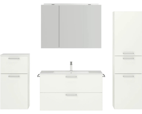 Set de meubles de salle de bains NOBILIA Programm 2 lxhxp 210 x 169,1 x 48,7 cm couleur de façade blanc mat avec meuble à vasque et armoire de toilette à 3 portes avec éclairage LED meuble bas armoire midi poignée chrome mat 273