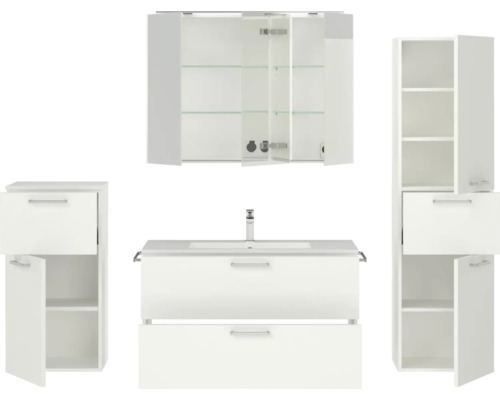 Badezimmer-Set mit Spiegelschrank, Waschbeckenunterschrank und zwei Seitenschränken