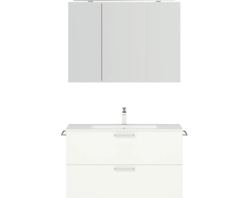 Set de meubles de salle de bains NOBILIA Programm 2 lxhxp 101 x 169,1 x 48,7 cm couleur de façade blanc mat avec meuble à vasque et armoire de toilette à 3 portes avec éclairage LED poignée chrome mat 257