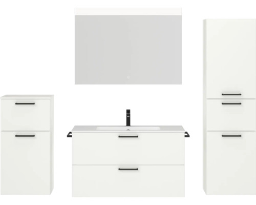 Set de meubles de salle de bains NOBILIA Programm 2 lxhxp 210 x 169,1 x 48,7 cm couleur de façade blanc mat avec meuble à vasque blanc et miroir avec éclairage LED armoire midi meuble bas poignée noir 264