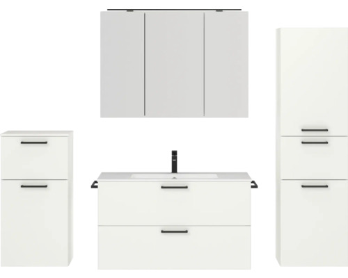 Set de meubles de salle de bains NOBILIA Programm 2 lxhxp 210 x 169,1 x 48,7 cm couleur de façade blanc mat avec meuble à vasque et armoire de toilette à 3 portes avec éclairage LED meuble bas armoire midi poignée noir 272