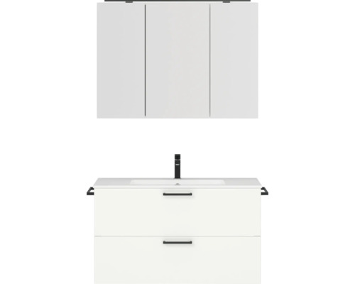 Badmöbel-Set NOBILIA Programm 2 BxHxT 101 x 169,1 x 48,7 cm Frontfarbe weiß matt mit Möbel-Waschtisch und Spiegelschrank 3-türig mit LED-Beleuchtung Griff schwarz 256
