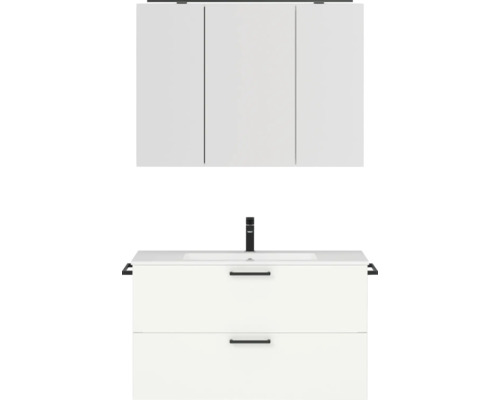 Set de meubles de salle de bains NOBILIA Programm 2 lxhxp 101 x 169,1 x 48,7 cm couleur de façade blanc mat avec meuble à vasque et armoire de toilette à 3 portes avec éclairage LED poignée noir 256