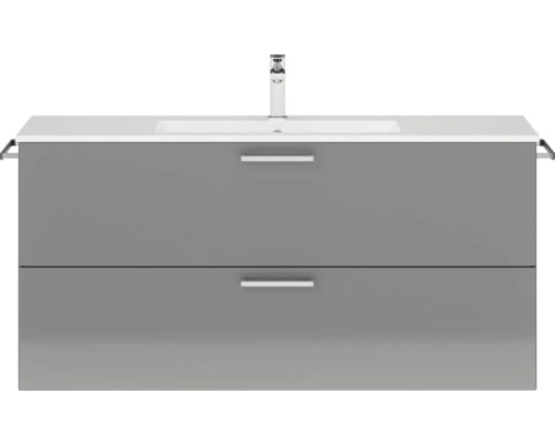 Badmöbel-Set NOBILIA Programm 2 BxHxT 121 x 59,1 x 48,7 cm Frontfarbe grau hochglanz mit Möbel-Waschtisch Griff chrom matt 285 Waschtischunterschrank mit zwei Schubladen, Waschtisch und Armatur