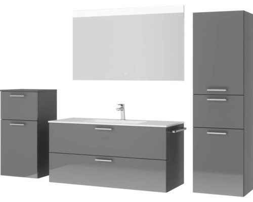 Ensemble de salle de bains avec lavabo, miroir, armoire suspendue et meuble bas