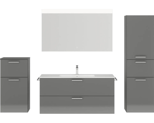 Badmöbel-Set NOBILIA Programm 2 BxHxT 230 x 169,1 x 48,7 cm Frontfarbe grau hochglanz mit Möbel-Waschtisch weiß und Spiegel mit LED-Beleuchtung Midischrank Unterschrank Griff chrom matt 309 Modernes Badezimmer-Set mit Waschtisch, Spiegel, Waschbecken und Hochschränken für ein stilvolles Ambiente