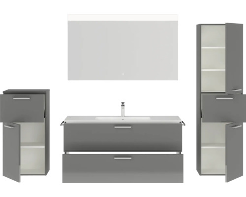 Ensemble complet de salle de bains avec meuble sous-lavabo, armoire de toilette et armoires hautes