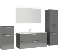 Graues Badezimmerset mit Waschtisch, Spiegelschrank und Hochschränken