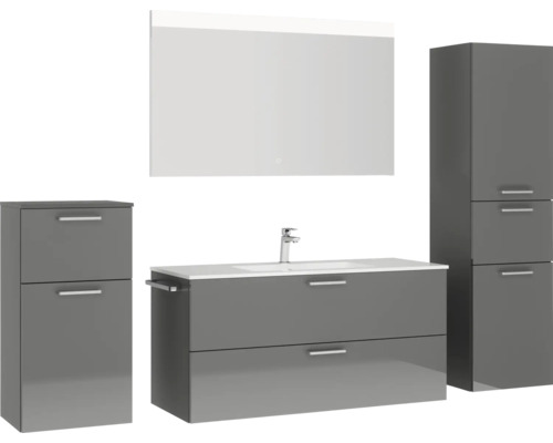 Ensemble de salle de bains gris avec meuble-lavabo, armoire de toilette et armoires hautes