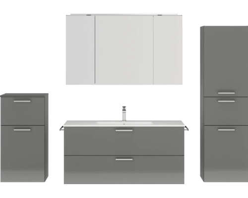 Badmöbel-Set NOBILIA Programm 2 BxHxT 230 x 169,1 x 48,7 cm Frontfarbe grau hochglanz mit Möbel-Waschtisch und Spiegelschrank 3-türig mit LED-Beleuchtung Unterschrank Midischrank Griff chrom matt 317 Komplette Badezimmereinrichtung mit Waschbeckenunterschrank, Waschbecken, Hängeschrank und Hochschrank