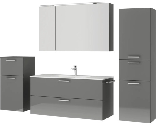 Badmöbelset mit Spiegelschrank, Waschtischunterschrank, Waschtisch und Hochschrank
