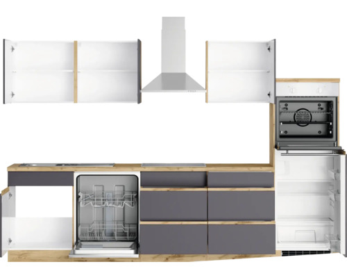 Küchenzeile mit Spülmaschine, Herd, Dunstabzugshaube, Kühlschrank und Hängeschränken