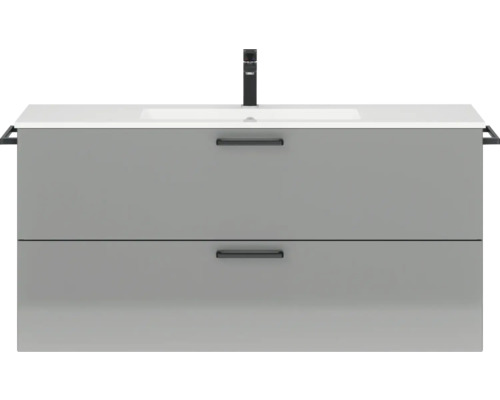 Badmöbel-Set NOBILIA Programm 2 BxHxT 121 x 59,1 x 48,7 cm Frontfarbe grau hochglanz mit Möbel-Waschtisch Griff schwarz 284 Waschtischunterschrank mit zwei Schubladen, Waschbecken und Armatur