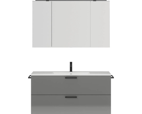 Badmöbel-Set NOBILIA Programm 2 BxHxT 121 x 169,1 x 48,7 cm Frontfarbe grau hochglanz mit Möbel-Waschtisch und Spiegelschrank 3-türig mit LED-Beleuchtung Griff schwarz 300 Waschtisch mit Unterschrank und Spiegelschrank für das Badezimmer