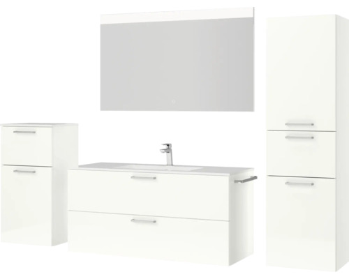 Ensemble de salle de bains avec lavabo, miroir, armoire suspendue et meuble bas pour une salle de bains moderne